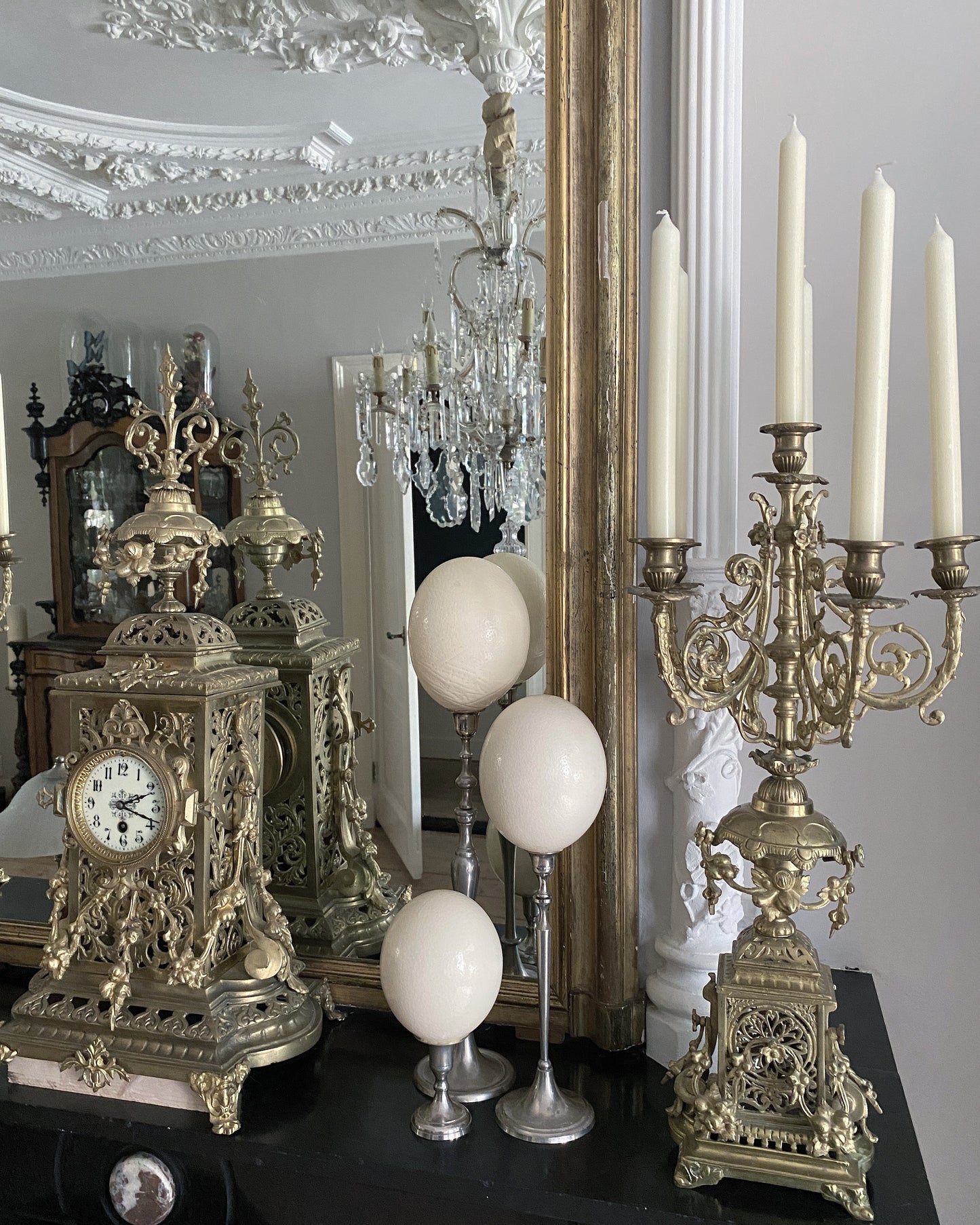 Curiosa Emu Egg Arrangement – Luxury Set of Natural Eggs on Nickel Candlesticks, Handmade (2024)