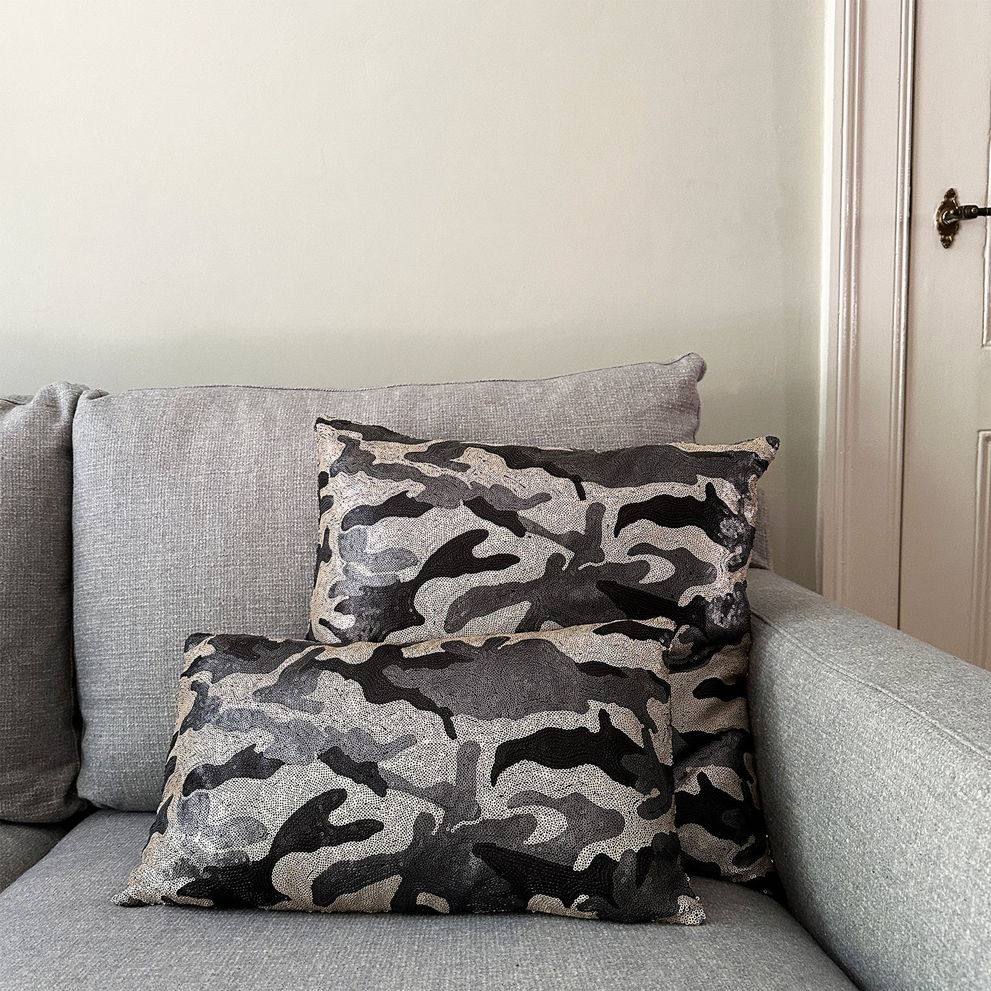 Handmade Luxury Cushions with Camouflage Print and Matte Sequins – 50x50 cm & 50x30 cm