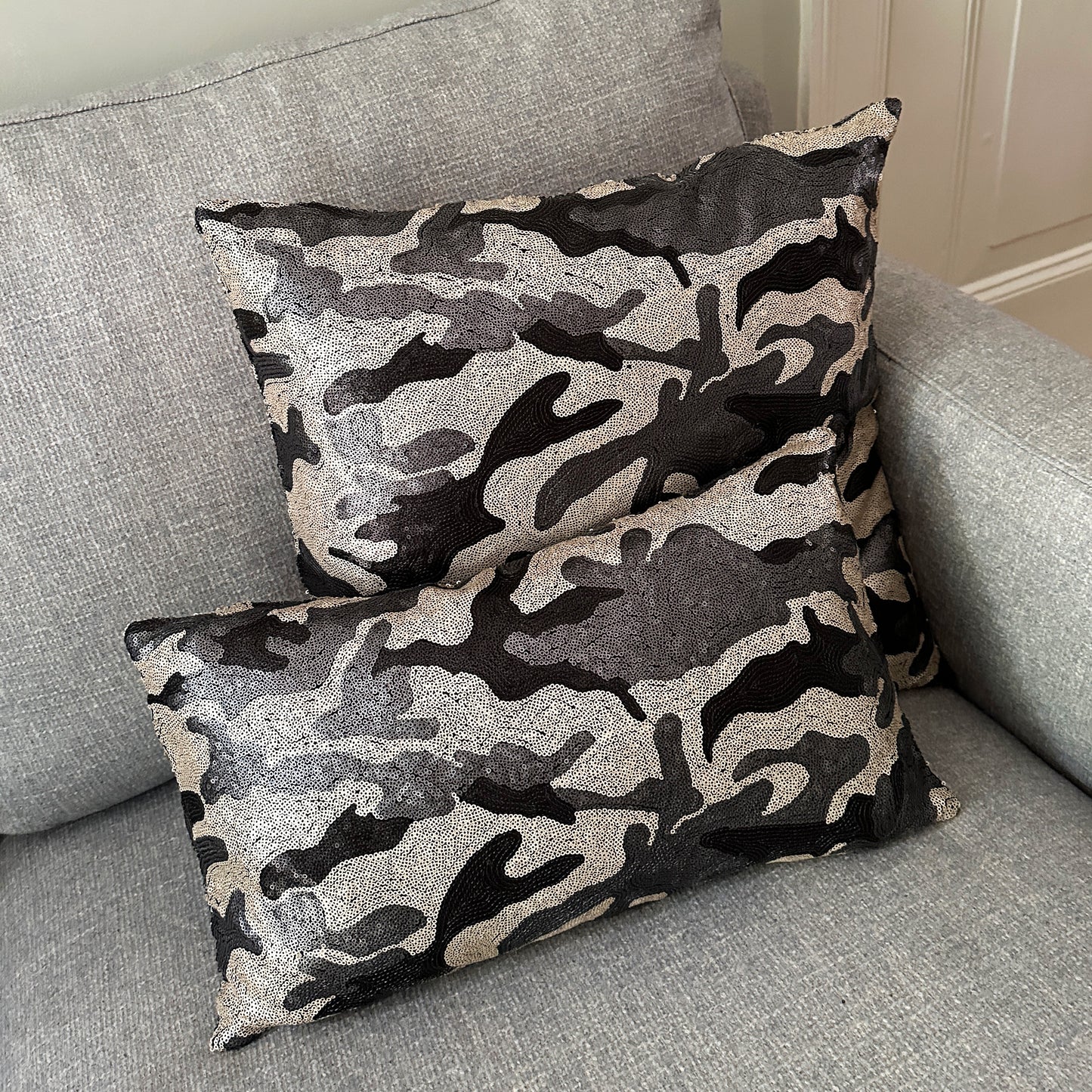 Handmade Luxury Cushions with Camouflage Print and Matte Sequins – 50x50 cm & 50x30 cm