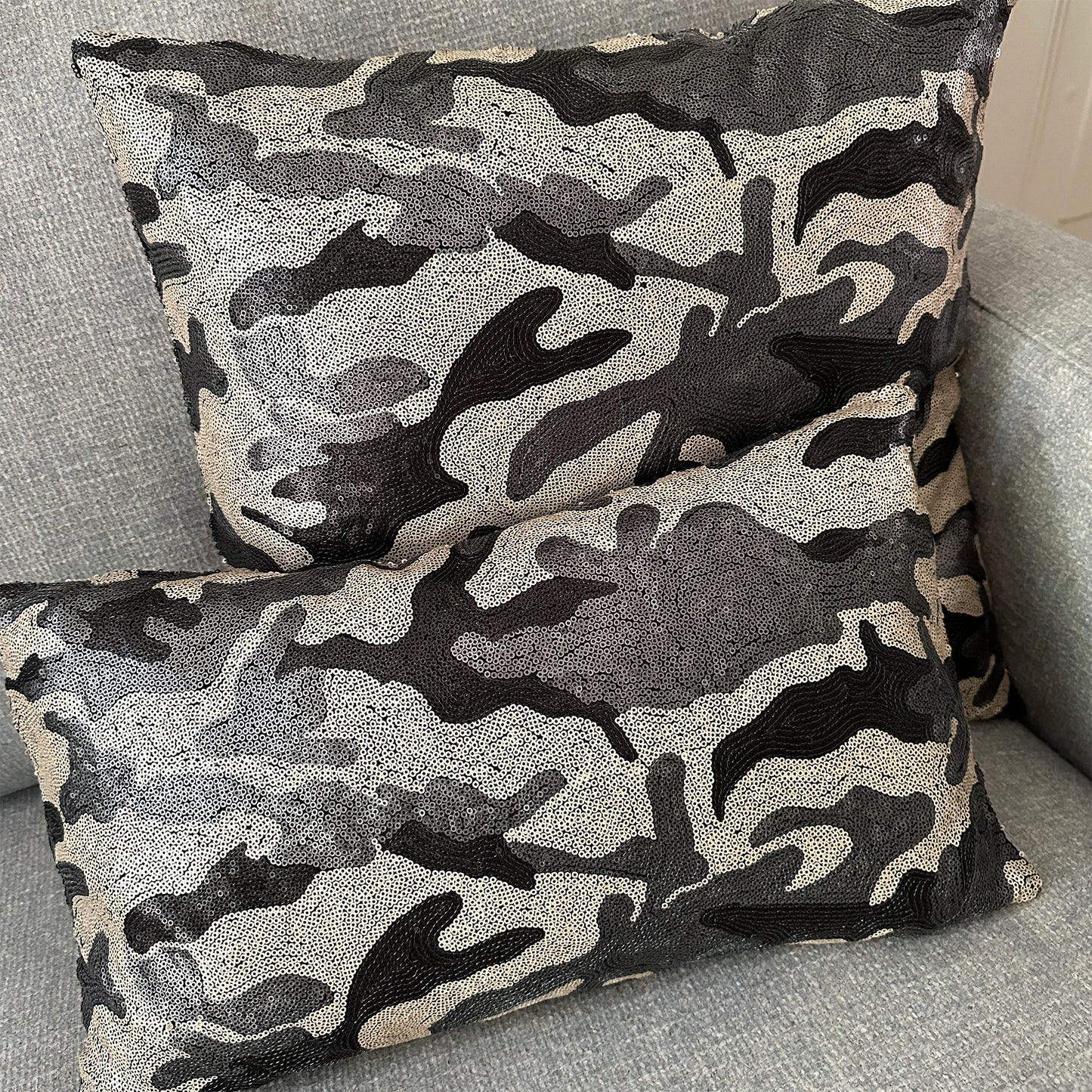 Handmade Luxury Cushions with Camouflage Print and Matte Sequins – 50x50 cm & 50x30 cm
