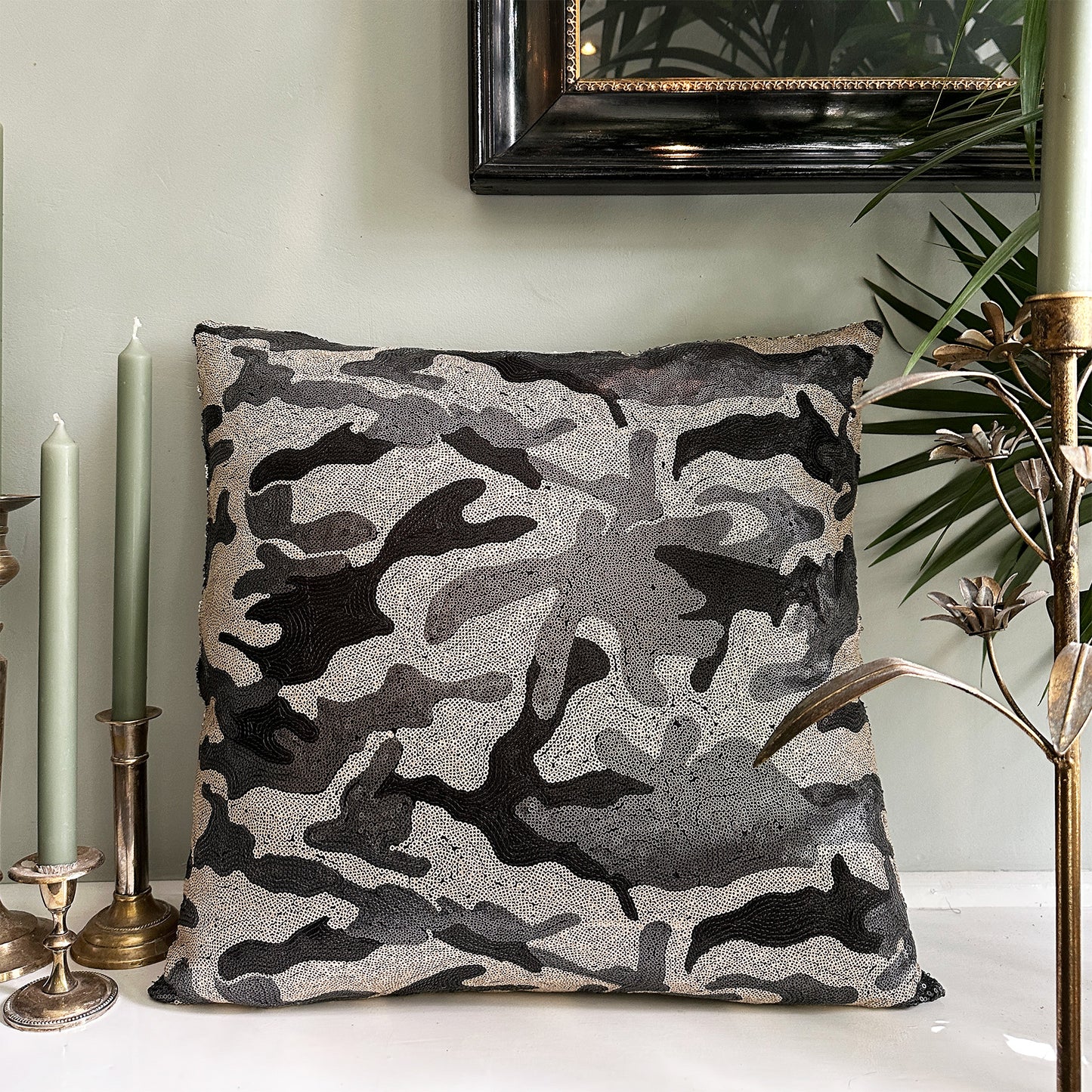 Handmade Luxury Cushions with Camouflage Print and Matte Sequins – 50x50 cm & 50x30 cm