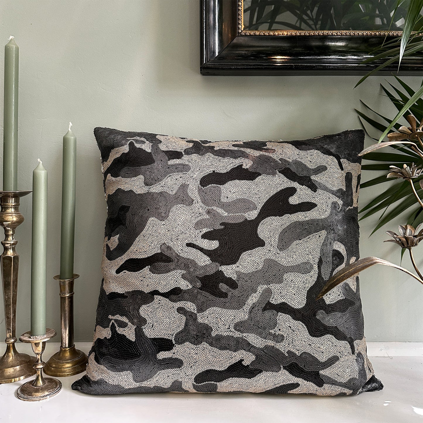 Handmade Luxury Cushions with Camouflage Print and Matte Sequins – 50x50 cm & 50x30 cm