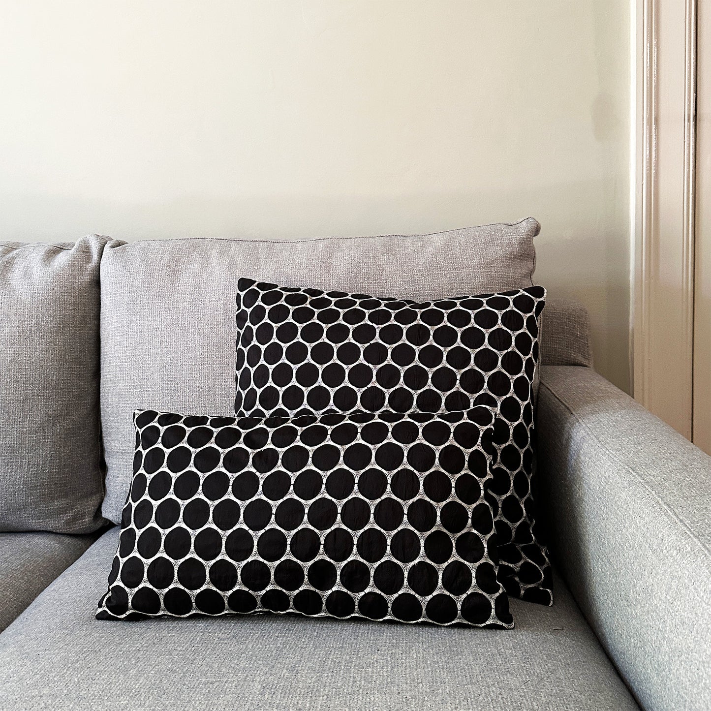 Handmade Luxury Black Silk Cushions with Embroidered White Circles | 50x50 cm and 50x30 cm