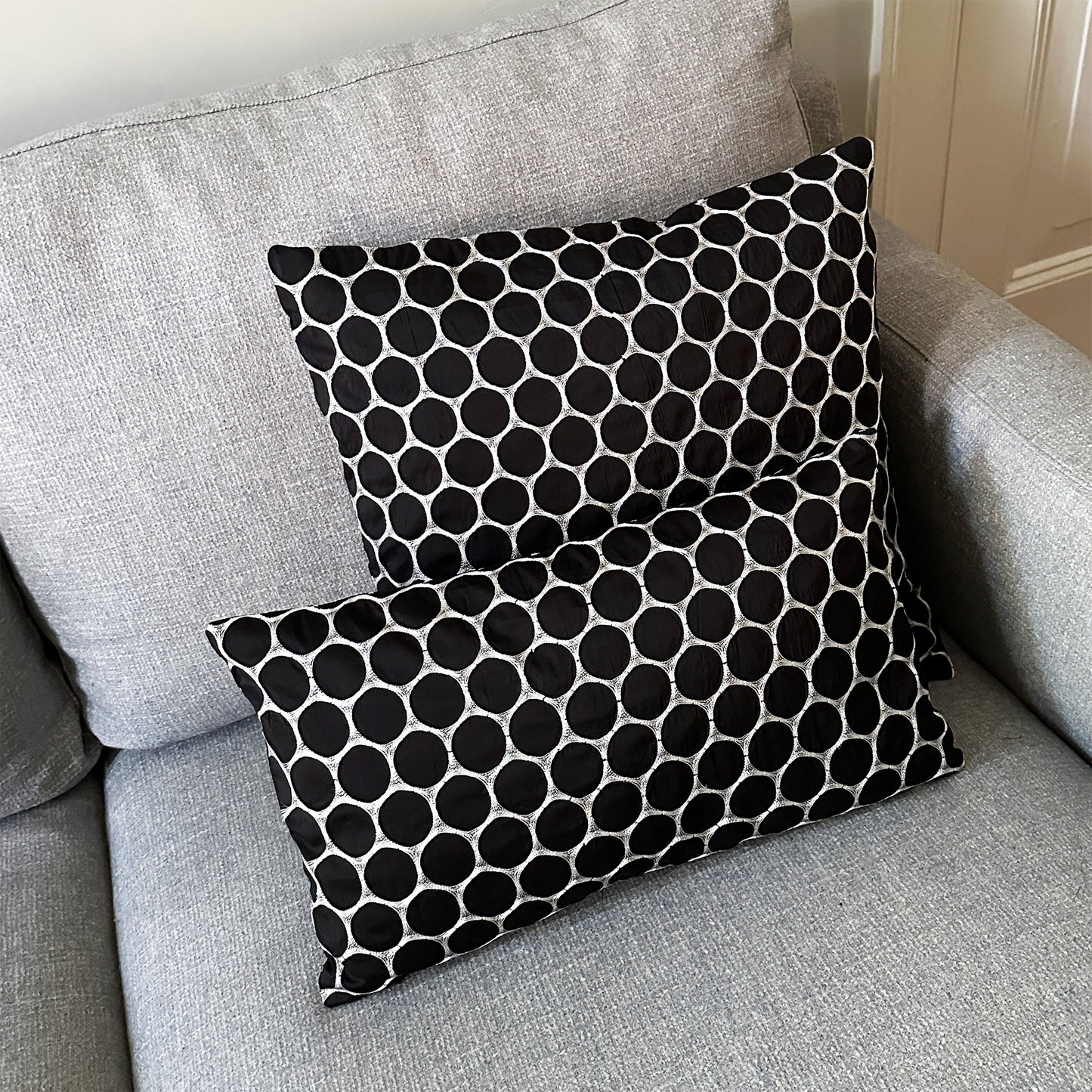 Handmade Luxury Black Silk Cushions with Embroidered White Circles | 50x50 cm and 50x30 cm