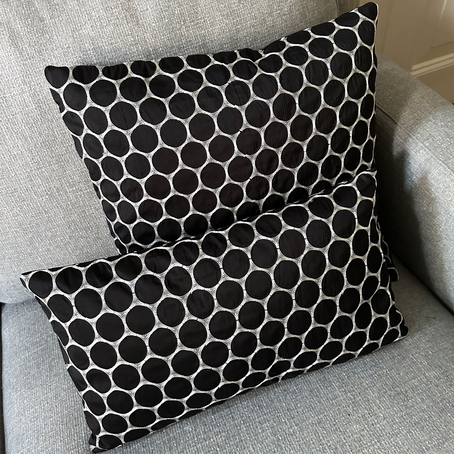 Handmade Luxury Black Silk Cushions with Embroidered White Circles | 50x50 cm and 50x30 cm