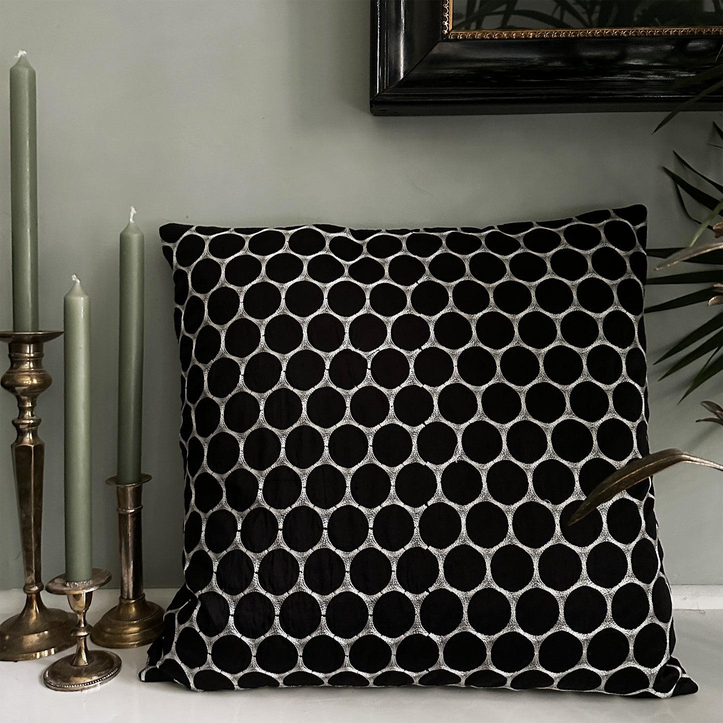 Handmade Luxury Black Silk Cushions with Embroidered White Circles | 50x50 cm and 50x30 cm