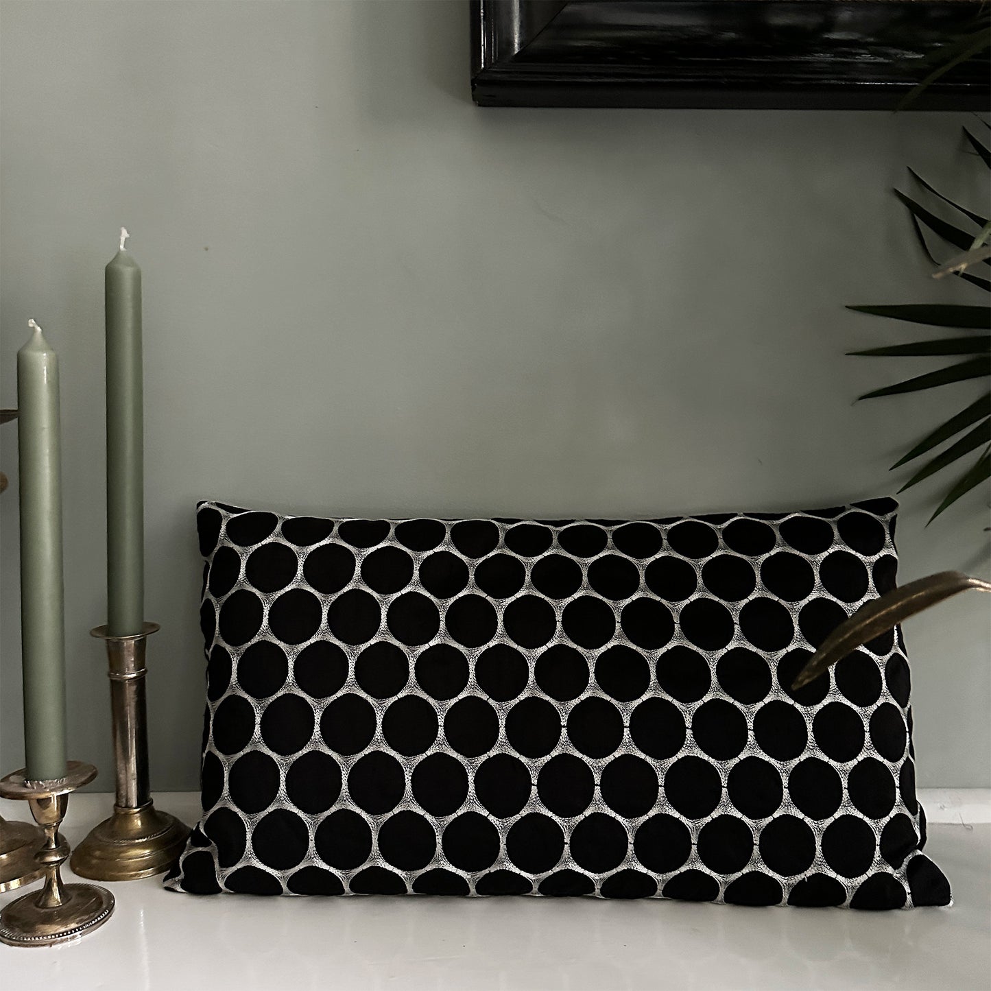 Handmade Luxury Black Silk Cushions with Embroidered White Circles | 50x50 cm and 50x30 cm