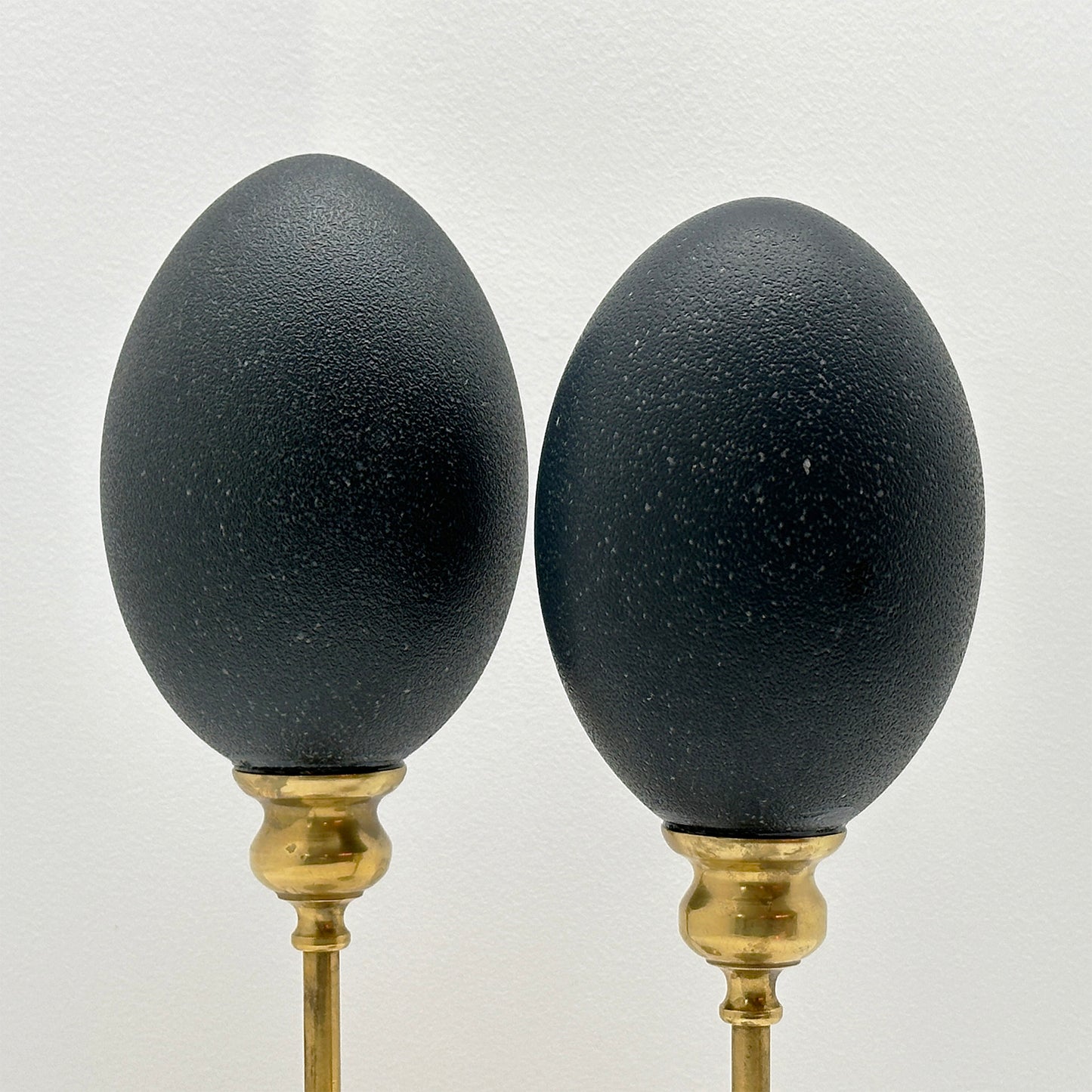 Set van Twee Emoe Eieren op Messing Kandelaars – Luxe Handgemaakt Ornament
