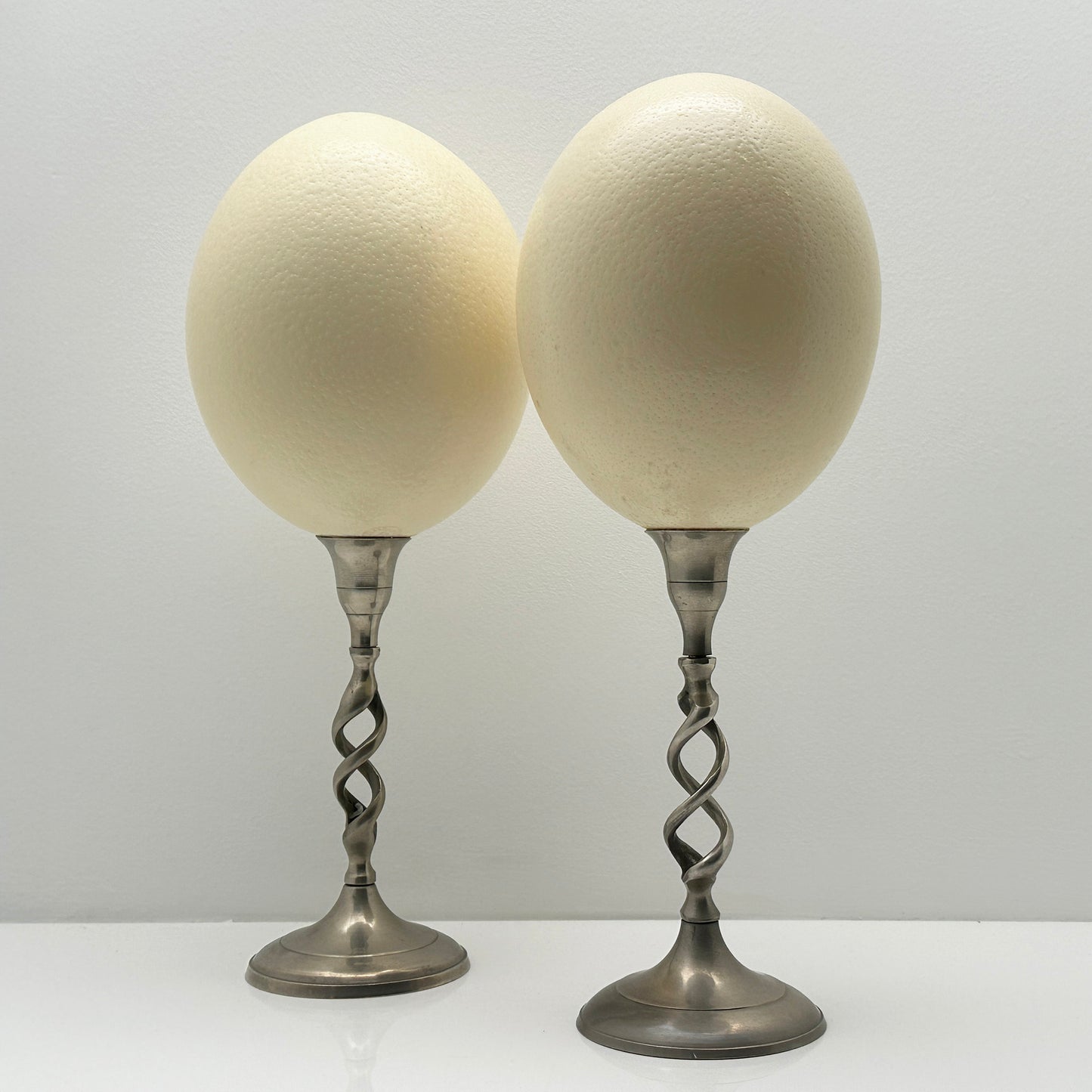 Curiosa Emu Egg Arrangement – Luxury Set of Natural Eggs on Nickel Candlesticks, Handmade (2024)