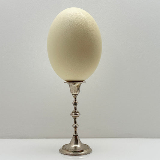 Struisvogelei op Nikkelen Kandelaar – Luxe Ornament en Decoratief Ei op Voet