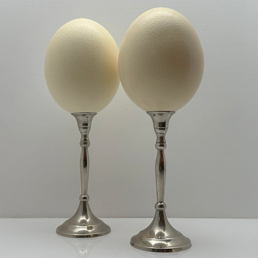 Set Struisvogel Eieren op Nikkelen Voet – Luxe Ornament en Decoratief Ei op Voet