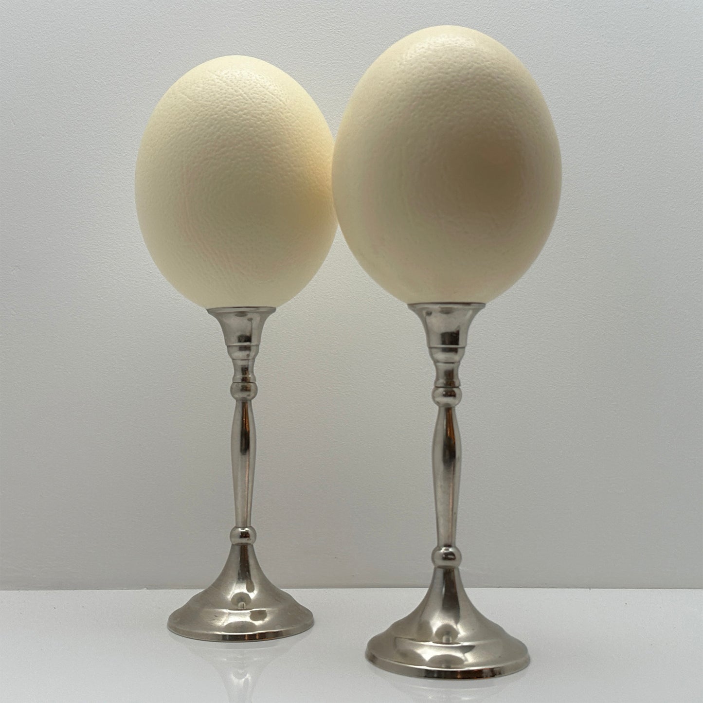 Set Struisvogel Eieren op Nikkelen Voet – Luxe Ornament en Decoratief Ei op Voet